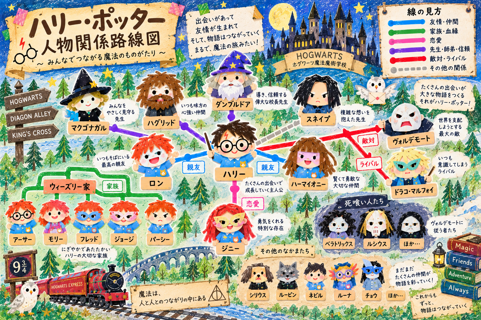 ハリー・ポッターの登場人物の関係を路線図風に表した人物相関図
